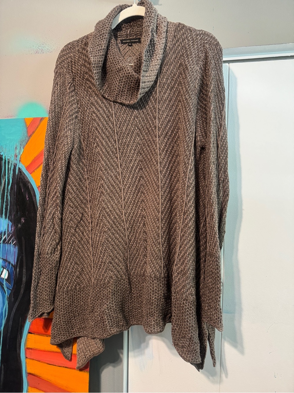 Jeanne Pierre Brown 100% Cotton Cowl Neck Asymmetrical Sharkbite Hem Sweater XL